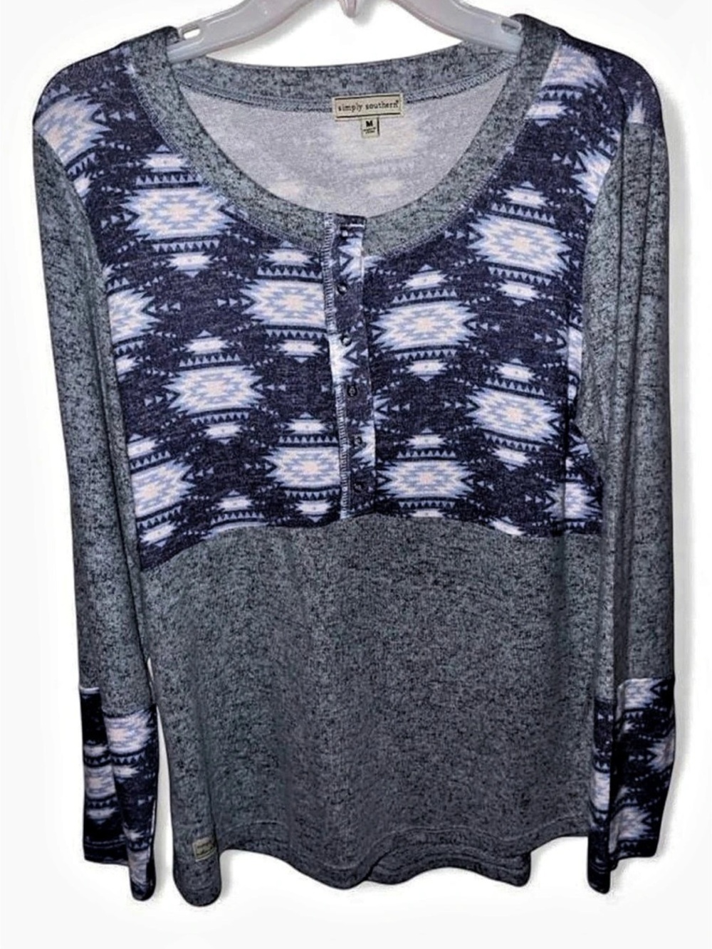 Simply Southern blue & grey long sleeve top with Aztec print.